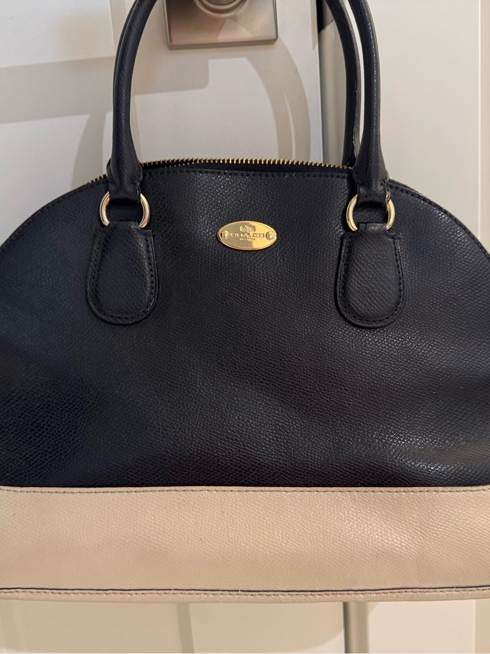 Coach Black and Cream Dome Satchel with Gold Plaque